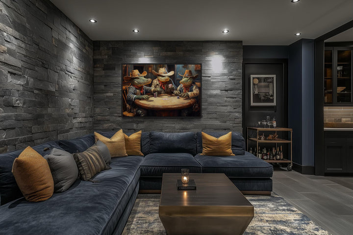 Crocodiles Playing Poker Game Room Or Man Cave Framed Canvas Wall Art