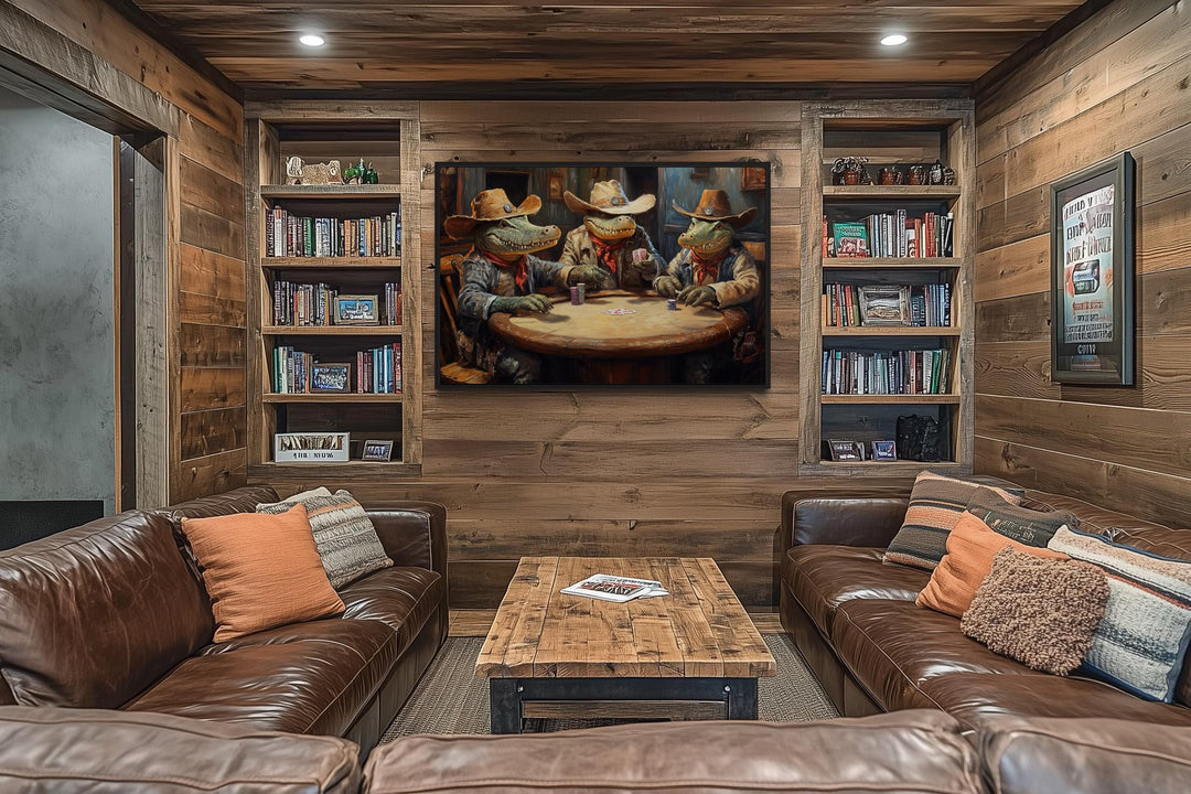 Crocodiles Playing Poker Game Room Or Man Cave Framed Canvas Wall Art
