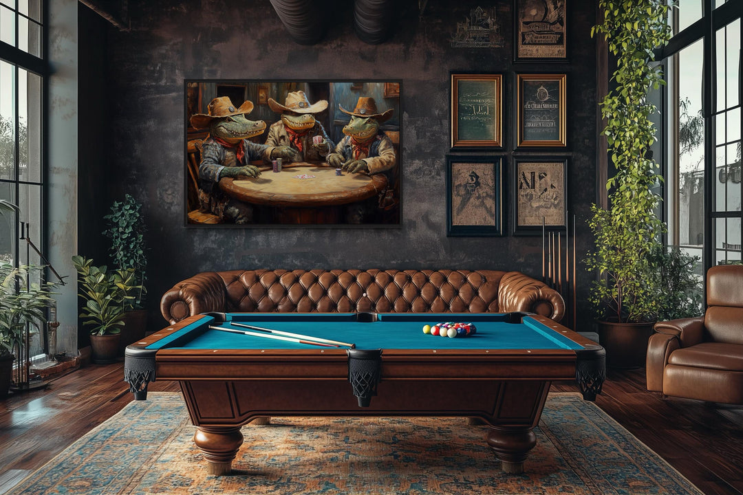 Crocodiles Playing Poker Game Room Or Man Cave Framed Canvas Wall Art