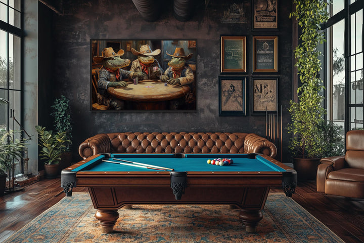 Crocodiles Playing Poker Game Room Or Man Cave Framed Canvas Wall Art
