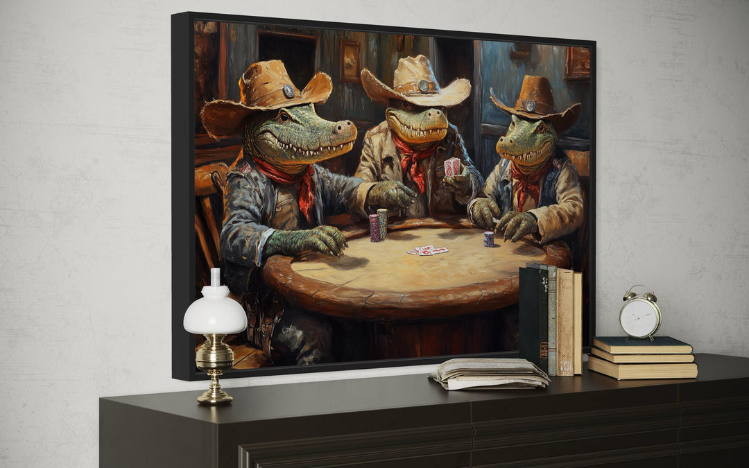 Crocodiles Playing Poker Game Room Or Man Cave Framed Canvas Wall Art