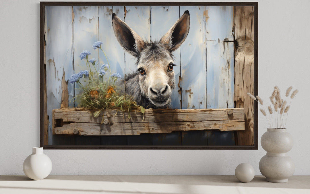 Cute Farm Donkey Rustic Painting on Wood Framed Canvas Wall Art