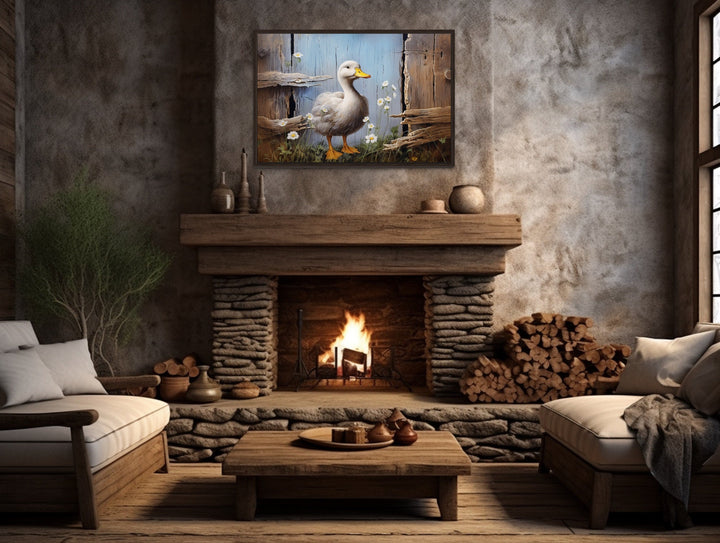 Cute Farm Duck Rustic Painting on Wood Framed Canvas Wall Art
