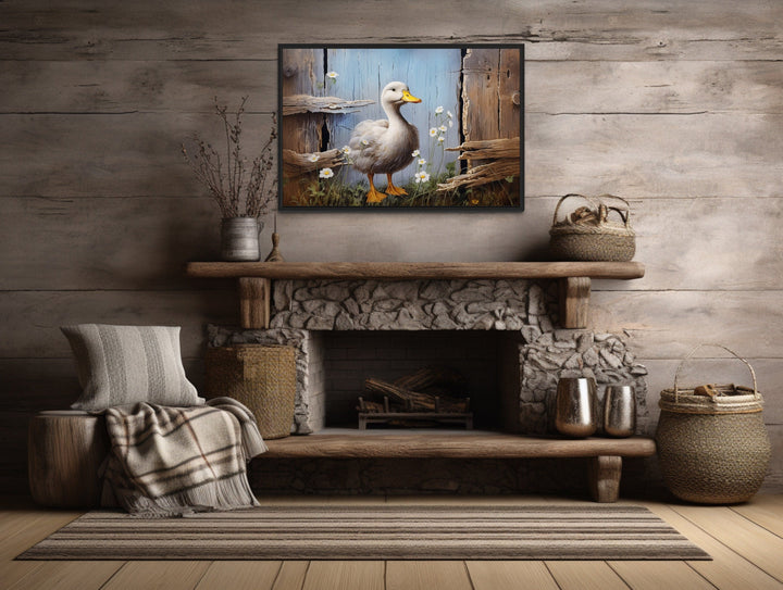 Cute Farm Duck Rustic Painting on Wood Framed Canvas Wall Art