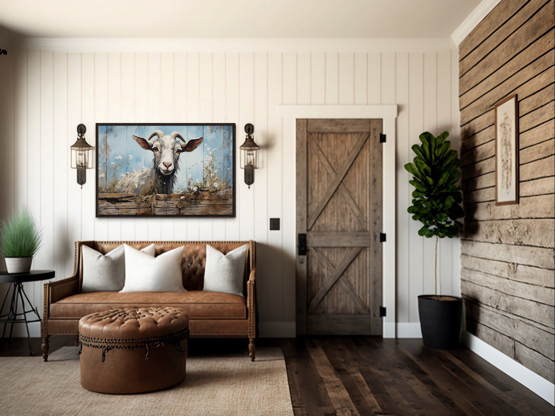 Cute Farm Goat Rustic Painting on Wood Framed Canvas Wall Art