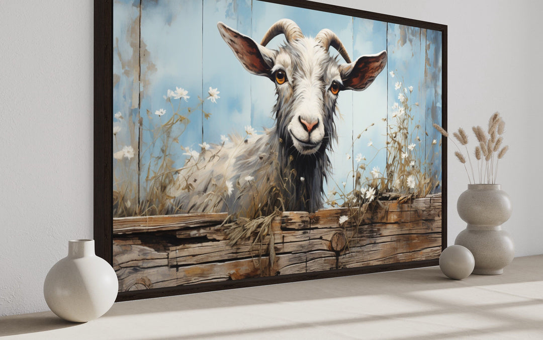 Cute Farm Goat Rustic Painting on Wood Framed Canvas Wall Art