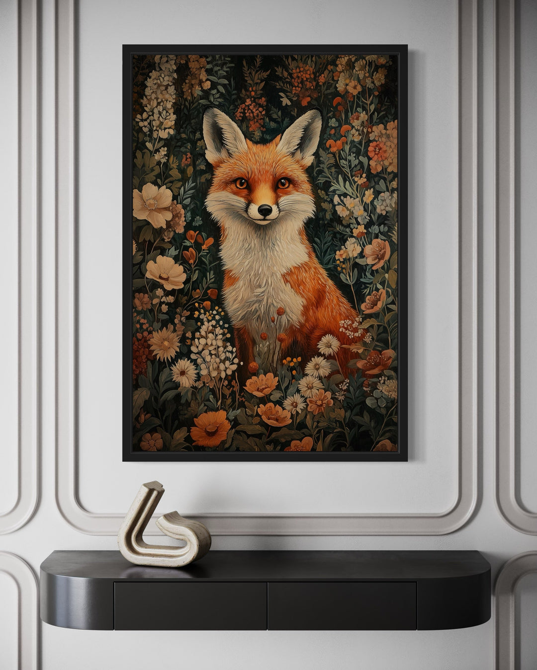 Cute Fox In Flowers William Morris Inspired Framed Canvas Wall Art
