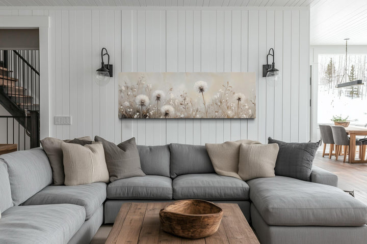 Dandelions Field White Beige Neutral Farmhouse Boho Long Horizontal Wall Art