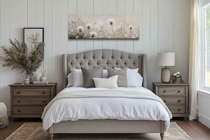 Dandelions Field White Beige Neutral Farmhouse Boho Long Horizontal Wall Art