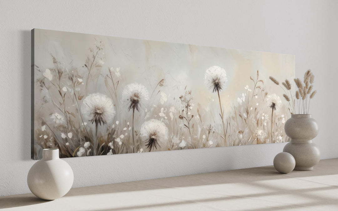 Dandelions Field White Beige Neutral Farmhouse Boho Long Horizontal Wall Art