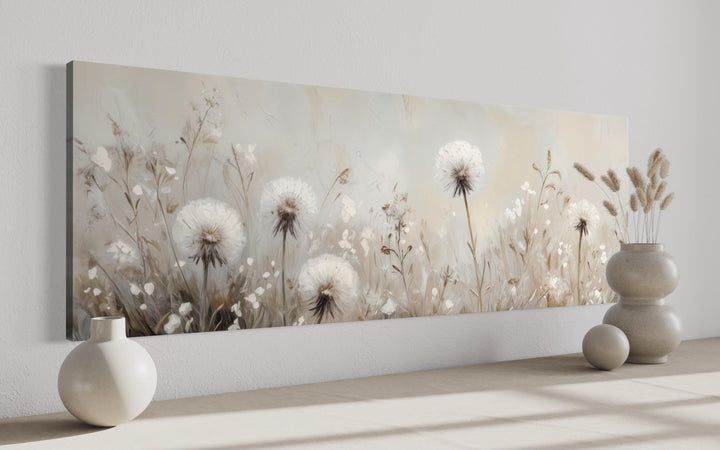 Dandelions Field White Beige Neutral Farmhouse Boho Long Horizontal Wall Art