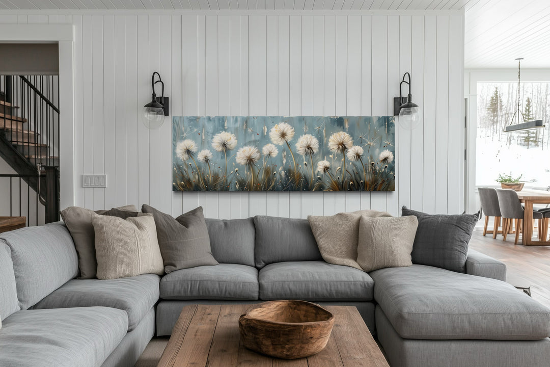 Dandelions Painting On Distressed Wood Horizontal Farmhouse Wall Art