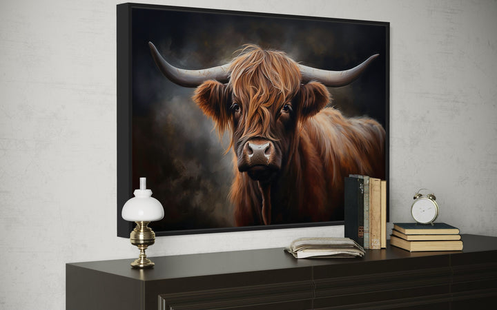 Dark Beautiful Highland Cow Framed Canvas Wall Art