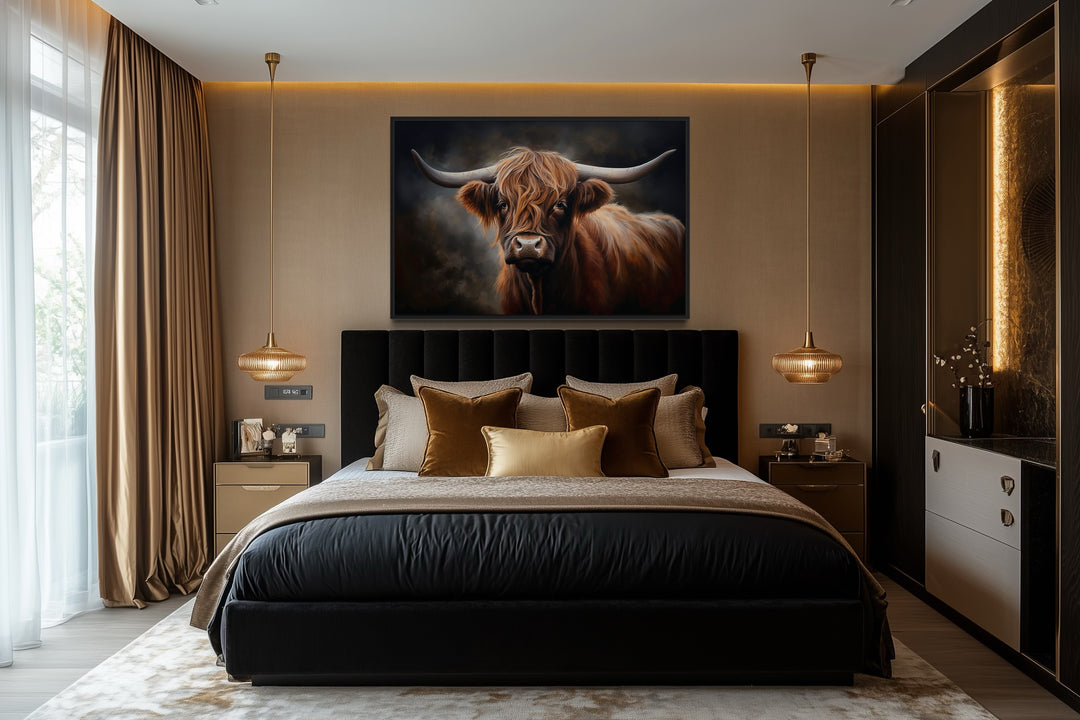 Dark Beautiful Highland Cow Framed Canvas Wall Art