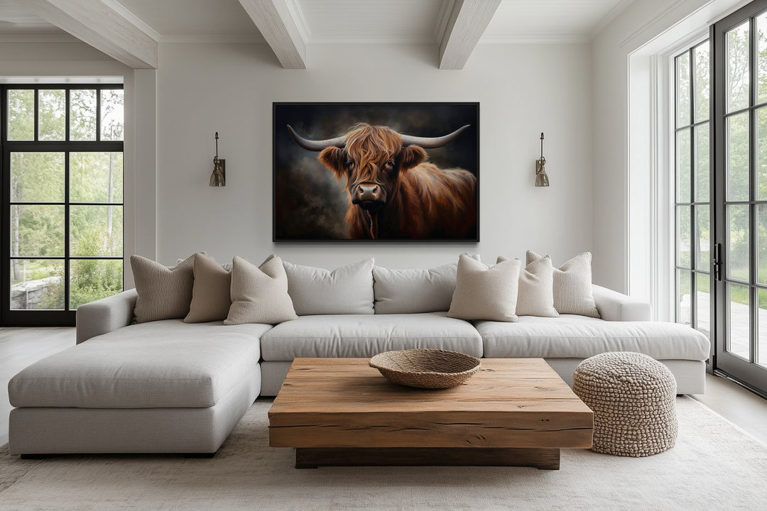 Dark Beautiful Highland Cow Framed Canvas Wall Art