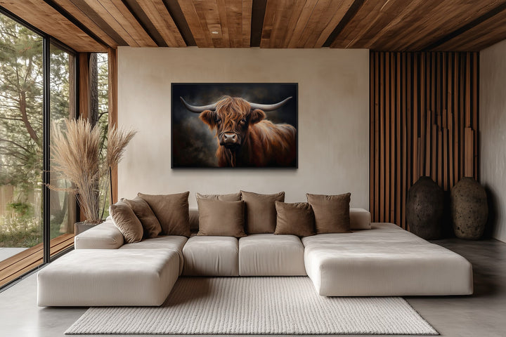 Dark Beautiful Highland Cow Framed Canvas Wall Art