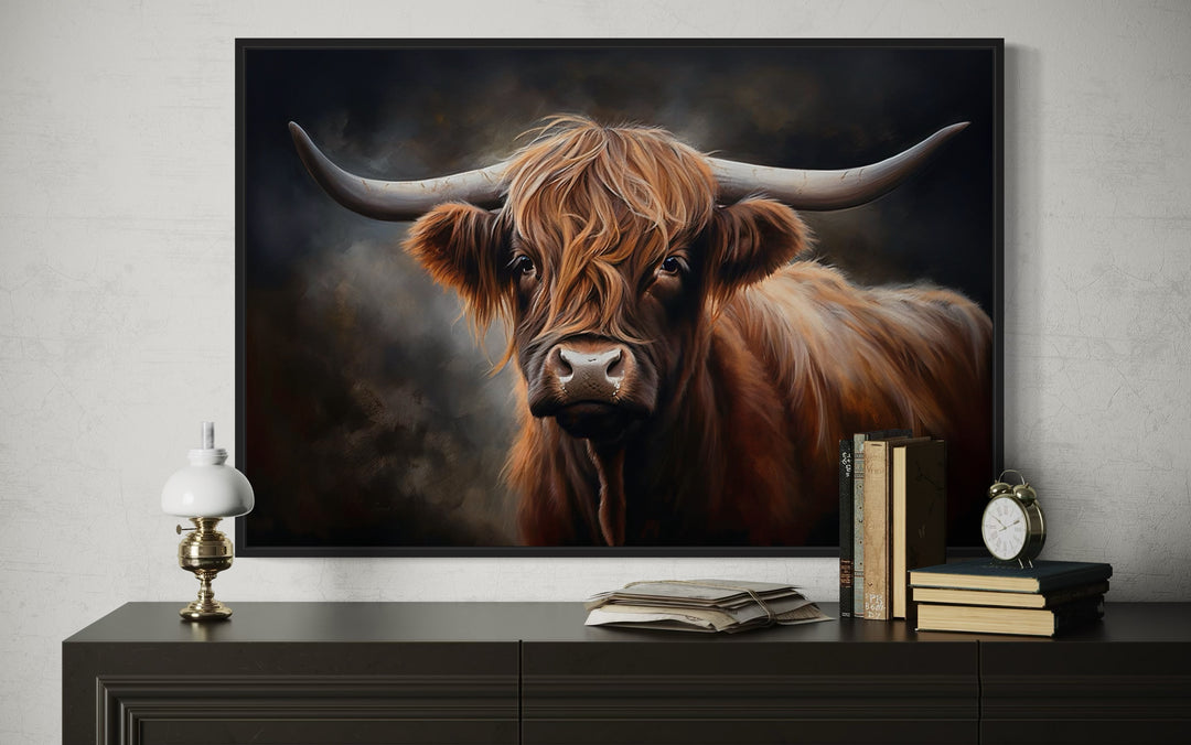 Dark Beautiful Highland Cow Framed Canvas Wall Art