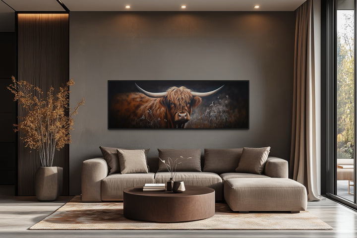 Dark Highland Cow In Grass Long Horizontal Canvas Wall Art