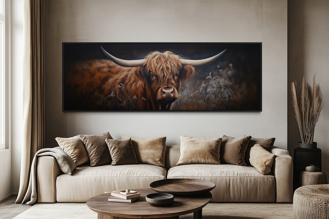 Dark Highland Cow In Grass Long Horizontal Canvas Wall Art