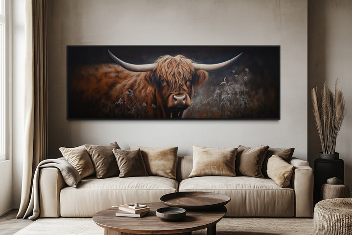 Dark Highland Cow In Grass Long Horizontal Canvas Wall Art