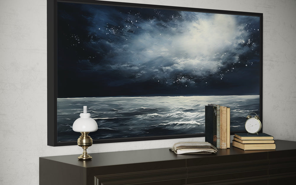 Dark Horizontal Starry Night Ocean Seascape Framed Canvas Wall Art