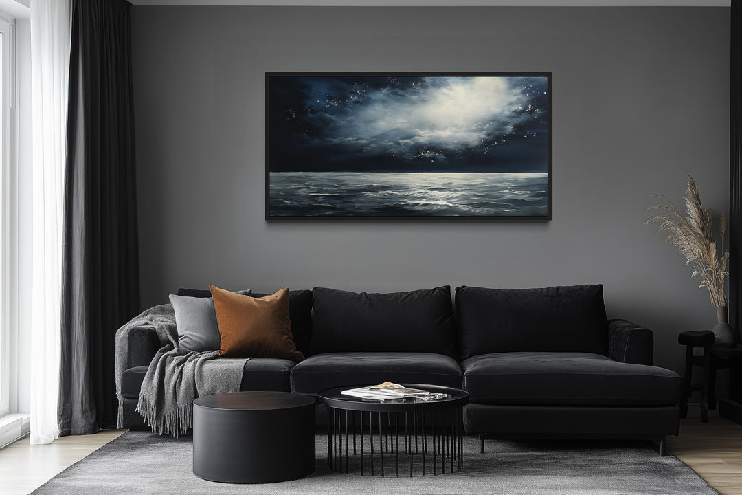 Dark Horizontal Starry Night Ocean Seascape Framed Canvas Wall Art
