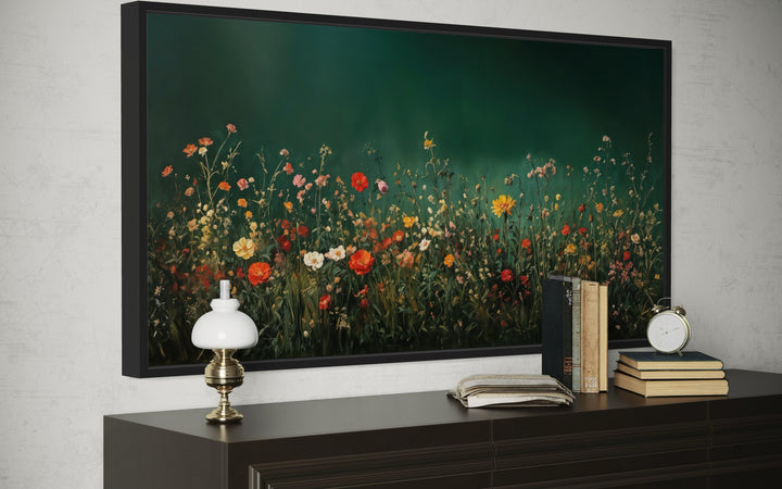 Dark Moody Green Wildflowers Field At Night Framed Canvas Wall Art