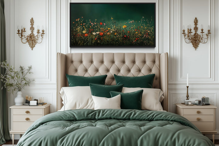 Dark Moody Green Wildflowers Field At Night Framed Canvas Wall Art