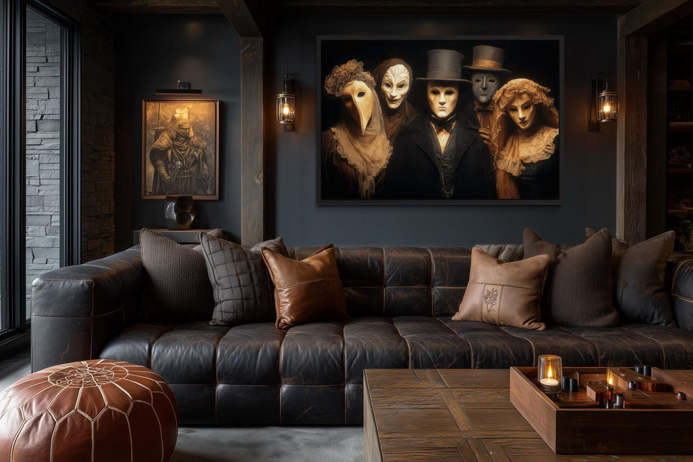 Dark Plague Doctor and Venetian Masked Figures in Vintage Costumes Halloween Wall Art