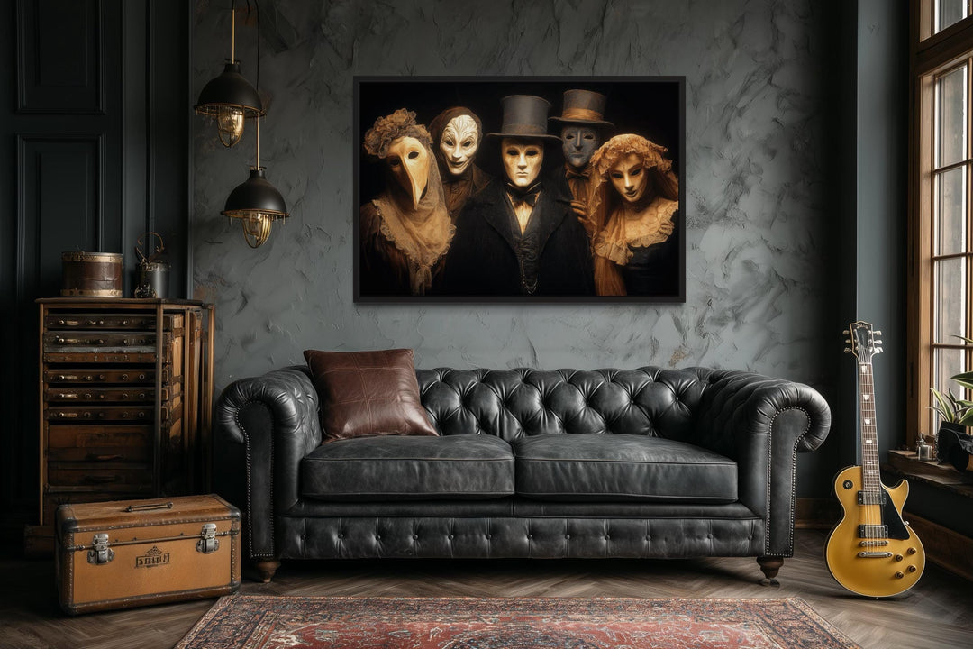 Dark Plague Doctor and Venetian Masked Figures in Vintage Costumes Halloween Wall Art