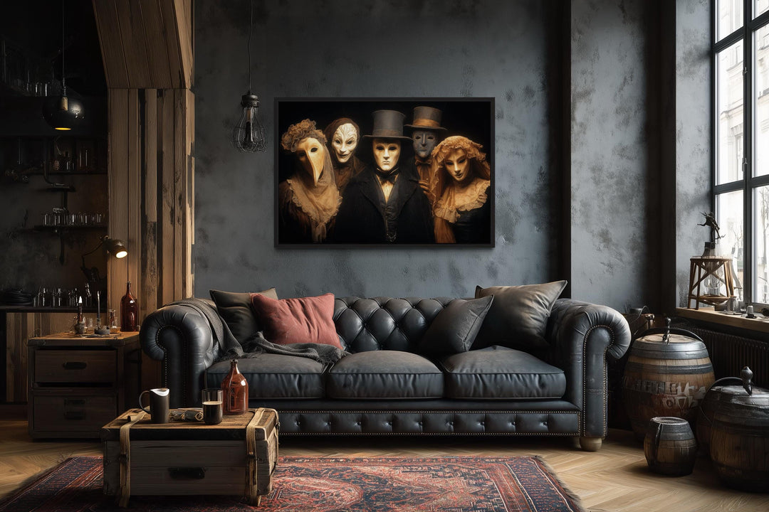 Dark Plague Doctor and Venetian Masked Figures in Vintage Costumes Halloween Wall Art