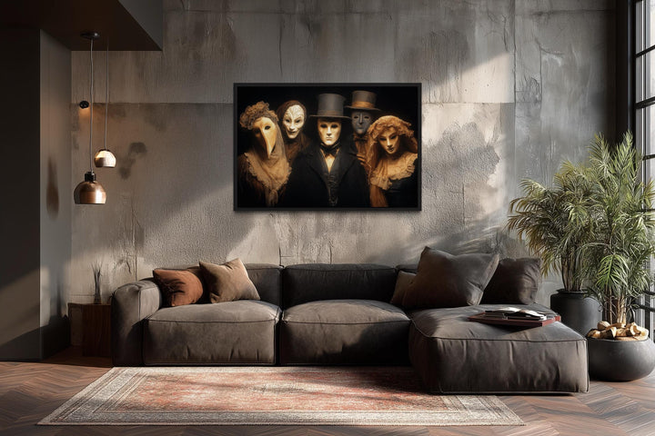 Dark Plague Doctor and Venetian Masked Figures in Vintage Costumes Halloween Wall Art