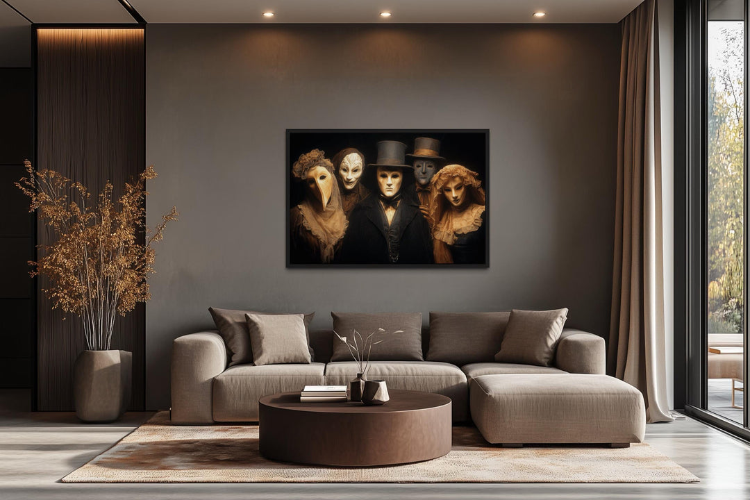 Dark Plague Doctor and Venetian Masked Figures in Vintage Costumes Halloween Wall Art