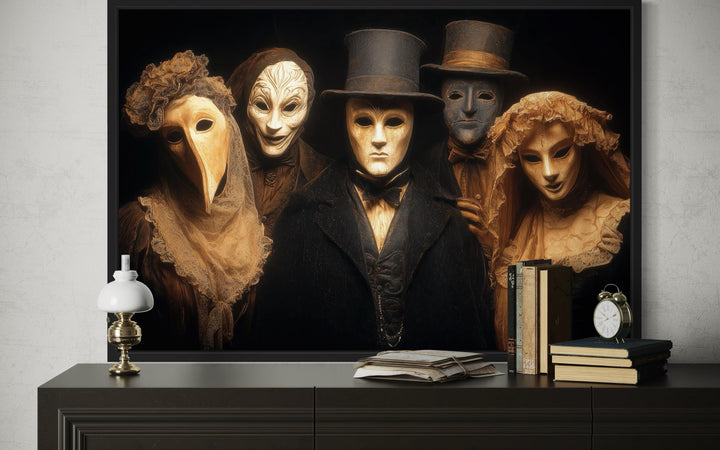 Dark Plague Doctor and Venetian Masked Figures in Vintage Costumes Halloween Wall Art