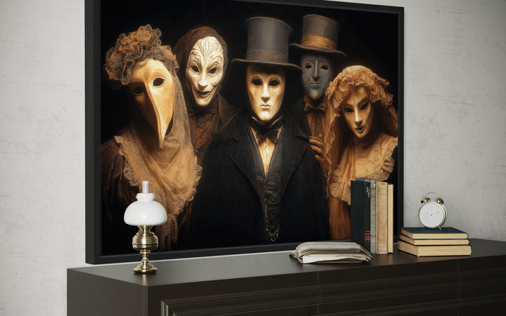 Dark Plague Doctor and Venetian Masked Figures in Vintage Costumes Halloween Wall Art