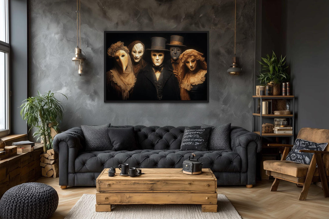 Dark Plague Doctor and Venetian Masked Figures in Vintage Costumes Halloween Wall Art