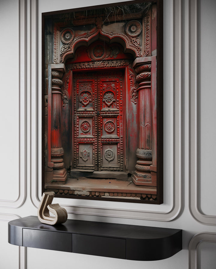 Dark Red Burgundy Indian Door Painting Framed Canvas Wall Art