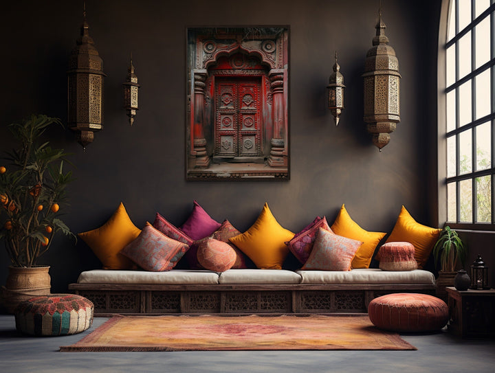 Dark Red Burgundy Indian Door Painting Framed Canvas Wall Art