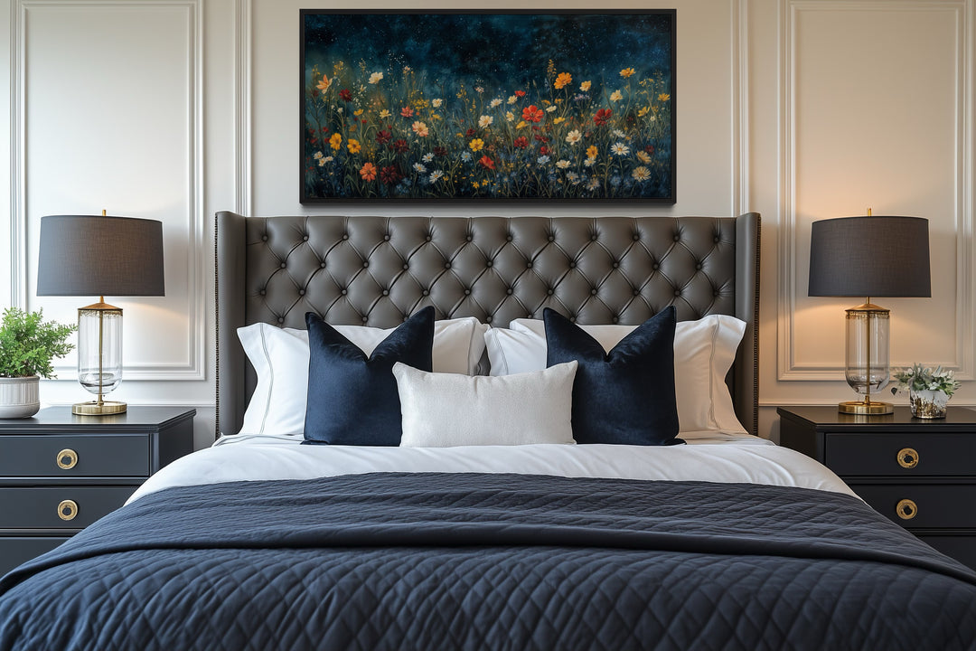 Dark Wildflowers Field Night Sky Painting Framed Canvas Wall Art