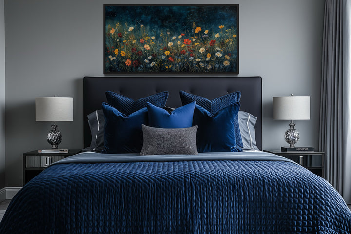 Dark Wildflowers Field Night Sky Painting Framed Canvas Wall Art