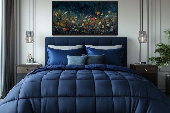 Dark Wildflowers Field Night Sky Painting Framed Canvas Wall Art