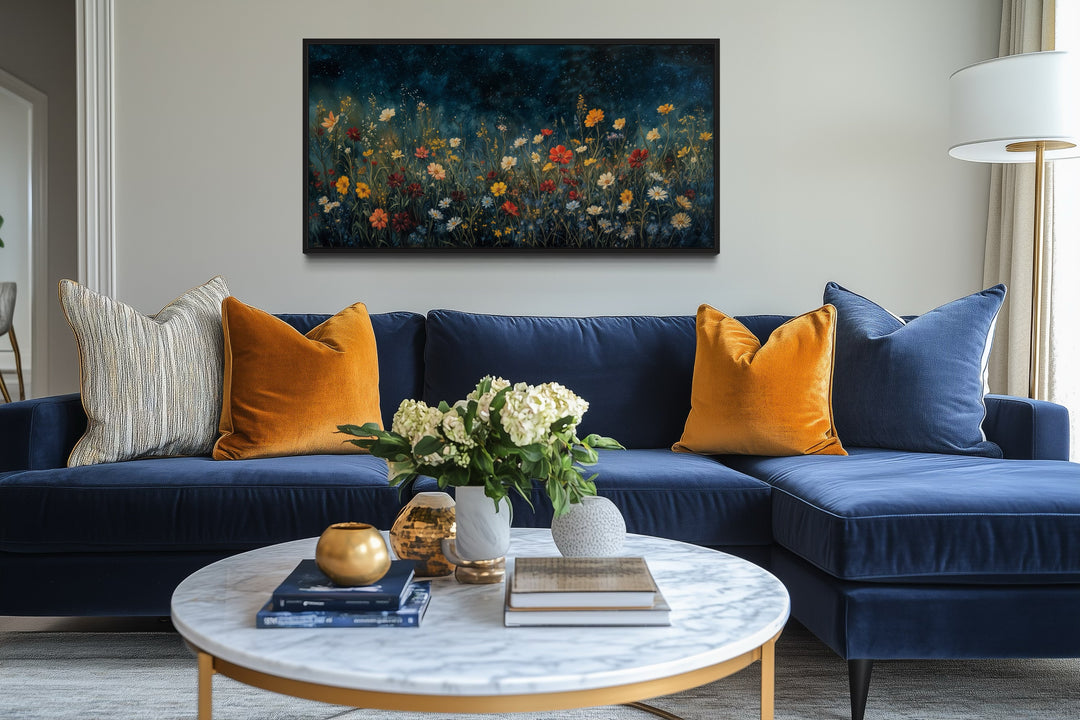 Dark Wildflowers Field Night Sky Painting Framed Canvas Wall Art