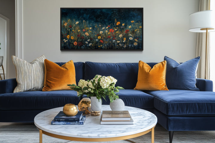 Dark Wildflowers Field Night Sky Painting Framed Canvas Wall Art
