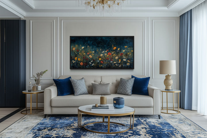 Dark Wildflowers Field Night Sky Painting Framed Canvas Wall Art