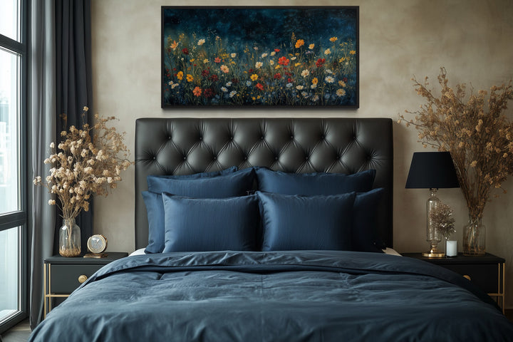 Dark Wildflowers Field Night Sky Painting Framed Canvas Wall Art