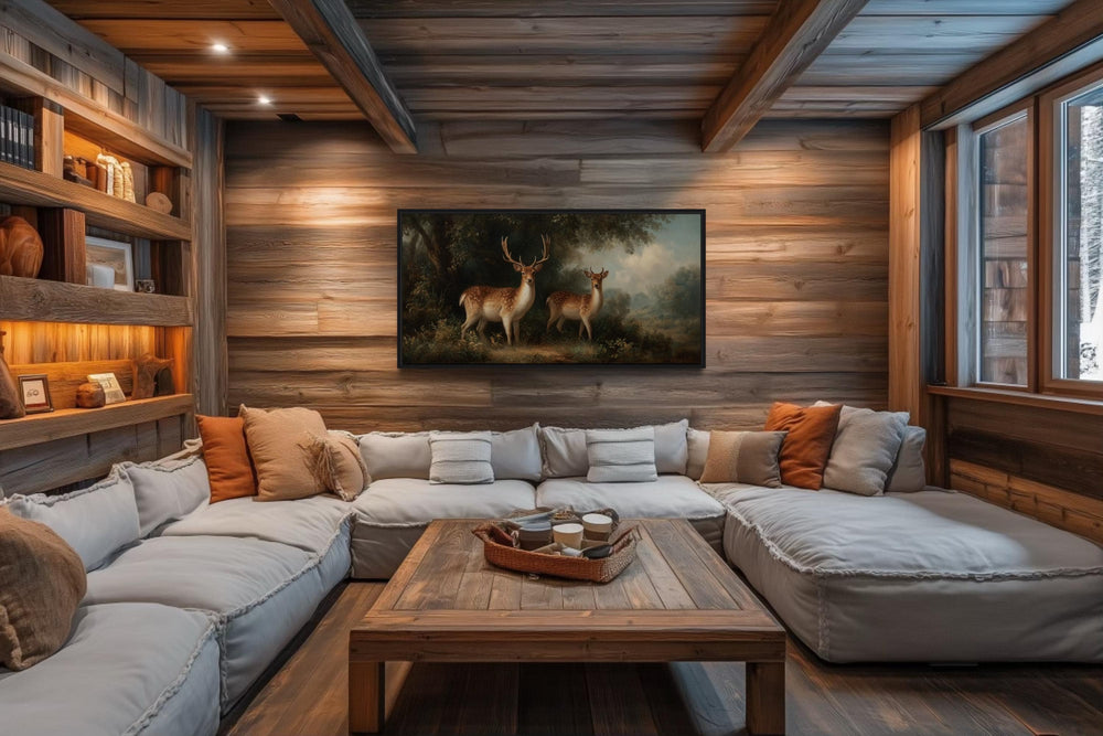 Deer And Doe In The Forest Framed Canvas Wall Art