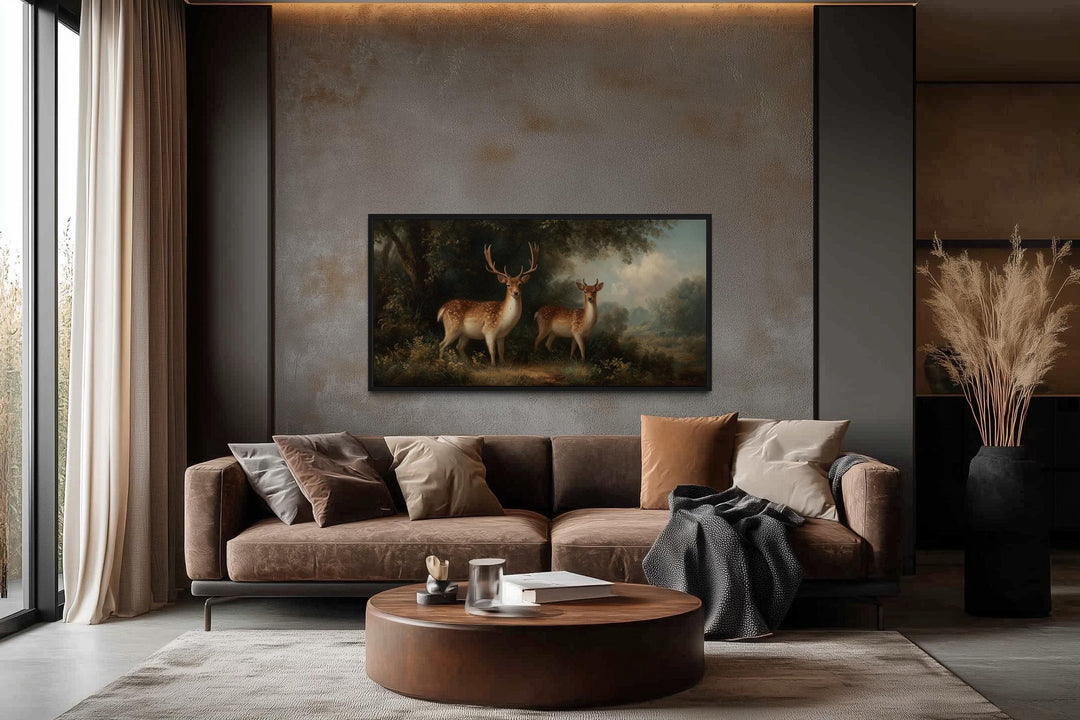 Deer And Doe In The Forest Framed Canvas Wall Art