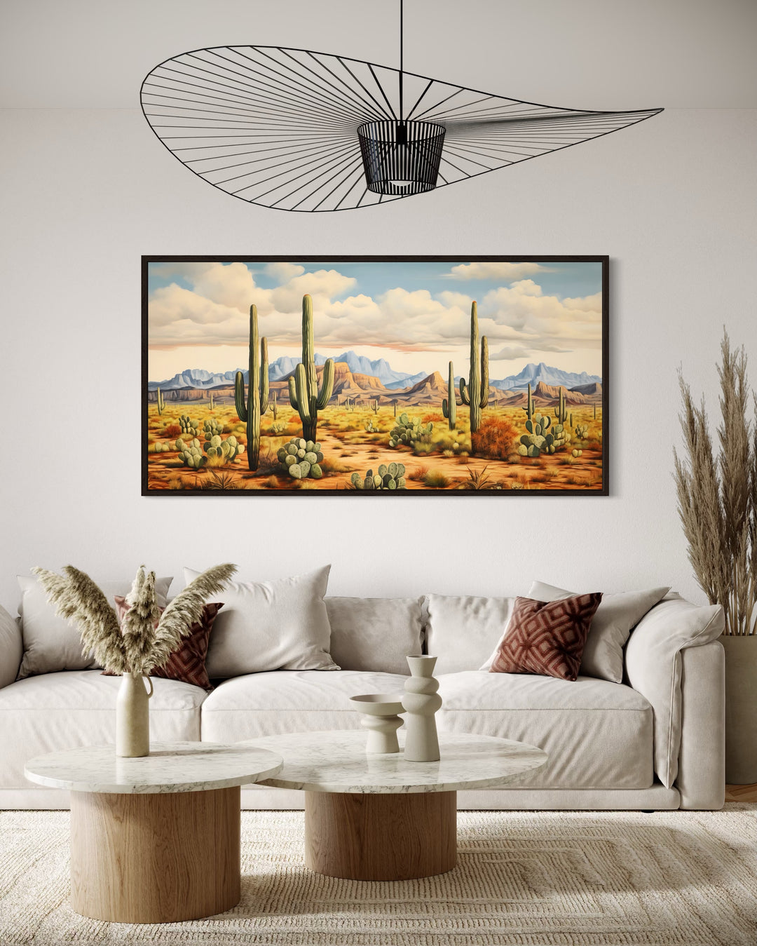Desert Landscape With Tall Saguaro Cacti Southwestern Framed Canvas Wall Art