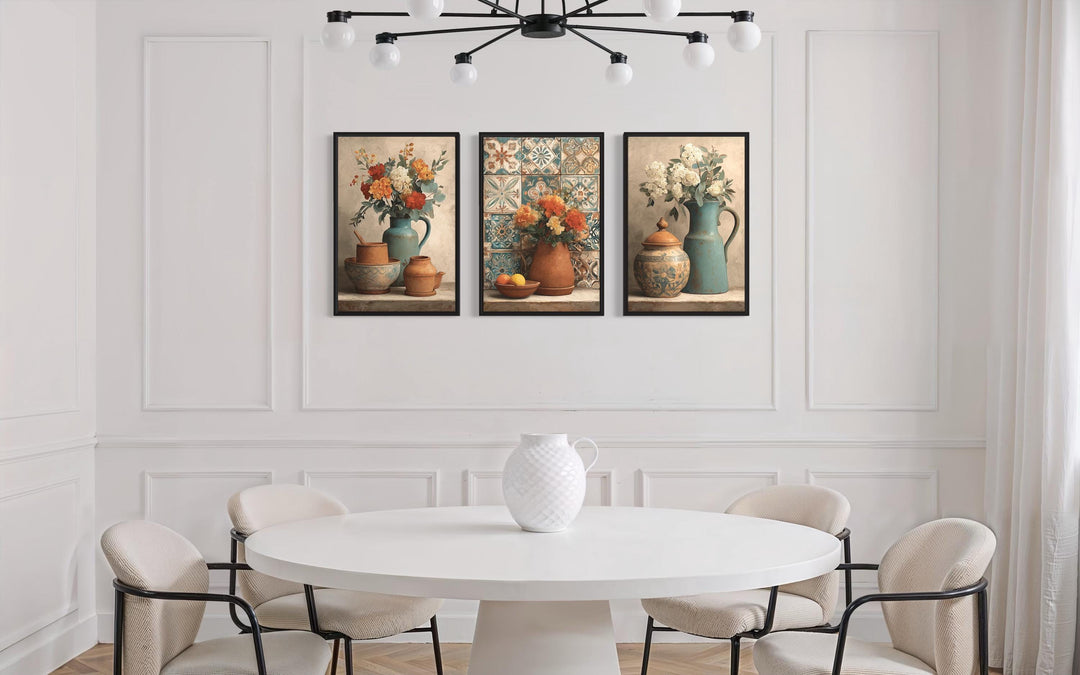 Dining Room Canvas Art – Set of 3 Rustic Kitchen Wall Decor with Floral Pottery