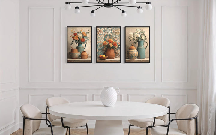 Dining Room Canvas Art – Set of 3 Rustic Kitchen Wall Decor with Floral Pottery
